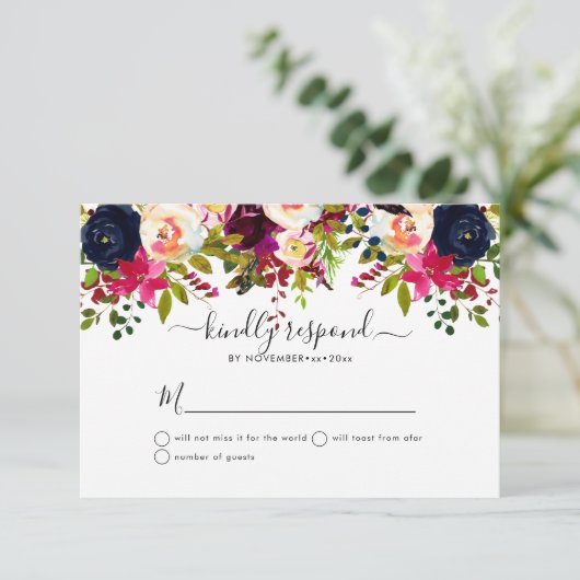 Boho Blush+Bourgogne Waterverf Flowers RSVP Kaart (Staand voorkant)