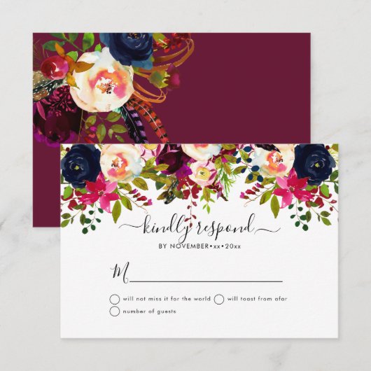Boho Blush+Bourgogne Waterverf Flowers RSVP Kaart (Voorkant / Achterkant)