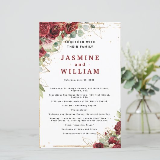 Boho Blush Bourgondië Floral Gold huwelijksprogram (Staand voorkant)