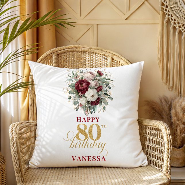 Boho Blush Burgundy 80ste verjaardag Persoonlijk  Kussen (Boho Blush Burgundy 80th Birthday Personalized Pillow)
