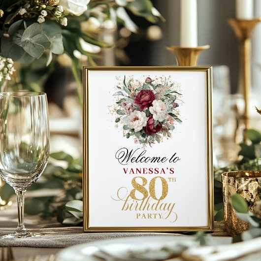 Boho Blush Burgundy 80ste Verjaardag Tafel Sign Poster