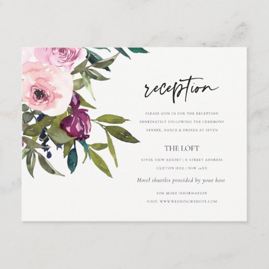 BOHO BLUSH BURGUNDY FLORAL BUNCH WEDDING RECEPT INFORMATIEKAARTJE (Voorkant)