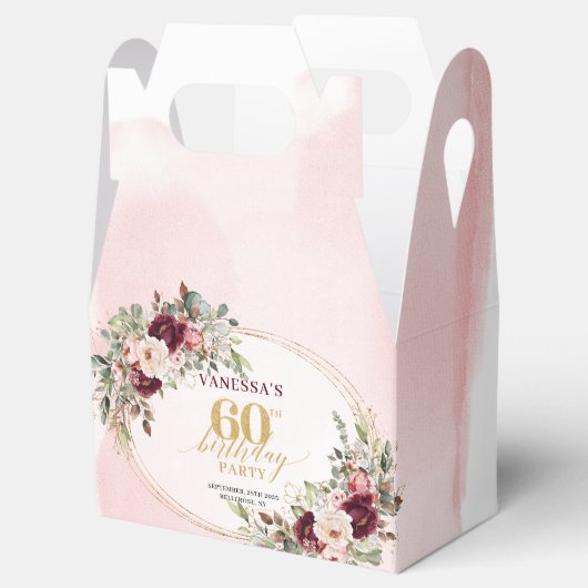 Boho Blush Burgundy Gold Floral 60th Gift Box Bedankdoosjes (Geopend)