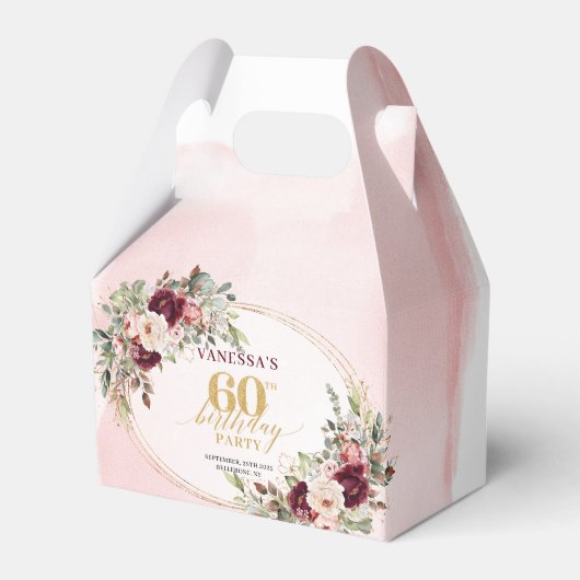 Boho Blush Burgundy Gold Floral 60th Gift Box Bedankdoosjes (Voorkant Zijde)