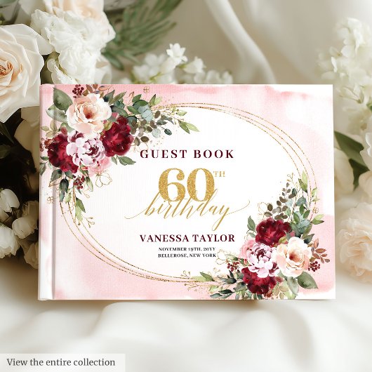 Boho Blush Burgundy Gold Roses 60th Guest Book Gastenboek