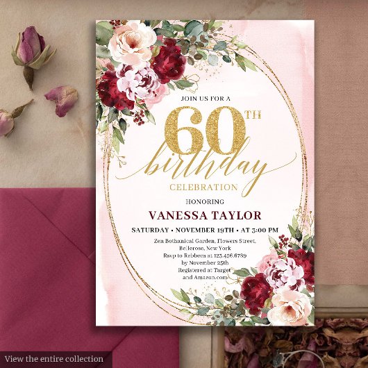 Boho Blush Burgundy Gouden Rozen 60e Verjaardag Kaart