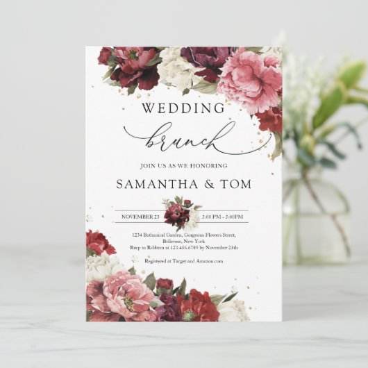 Boho Blush burgundy mauve peonies bruiloft brunch Kaart (Staand voorkant)