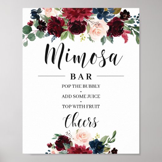 Boho Blush burgundy navy bloem mimosa bar bord Poster (Voorkant)