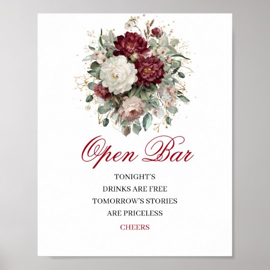 Boho Blush Burgundy Open Bar Huwelijksbord Poster (Voorkant)