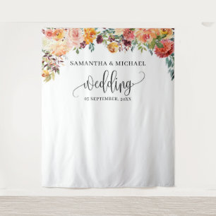 Boho Blush burgundy oranje bloem bruiloft achtergr Wandkleed