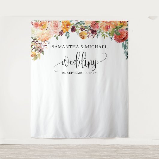 Boho Blush burgundy oranje bloemstuk bruiloft acht Wandkleed (Voorkant)