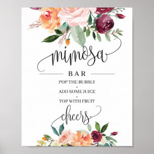 Boho blush burgundy oranje bloemstuk mimosa bar bo poster