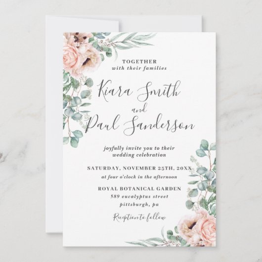 Boho Blush Dusty Pink Floral Eucalyptus Wedding Kaart (Voorkant)