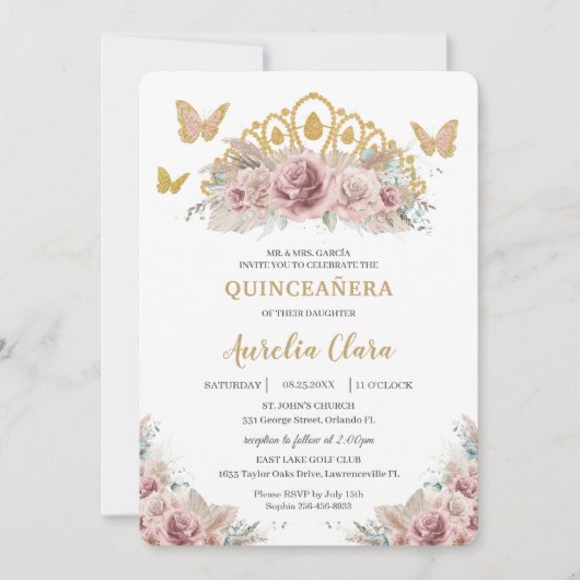 Boho Blush Dusty Roos Floral Pampas Quinceañera Kaart (Voorkant)