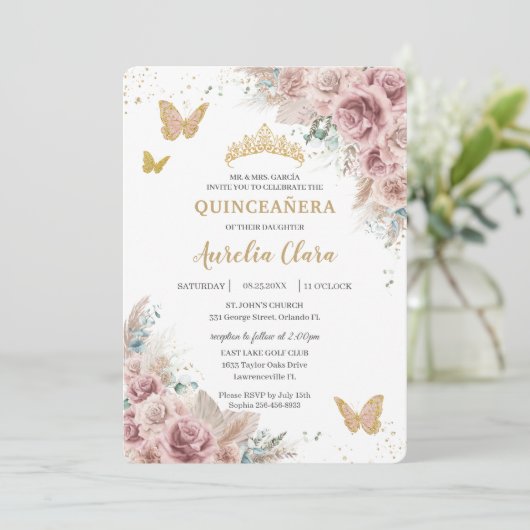 Boho Blush Dusty Roos Floral Pampas Quinceañera Kaart (Staand voorkant)