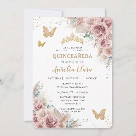 Boho Blush Dusty Roos Floral Pampas Quinceañera Kaart (Voorkant)