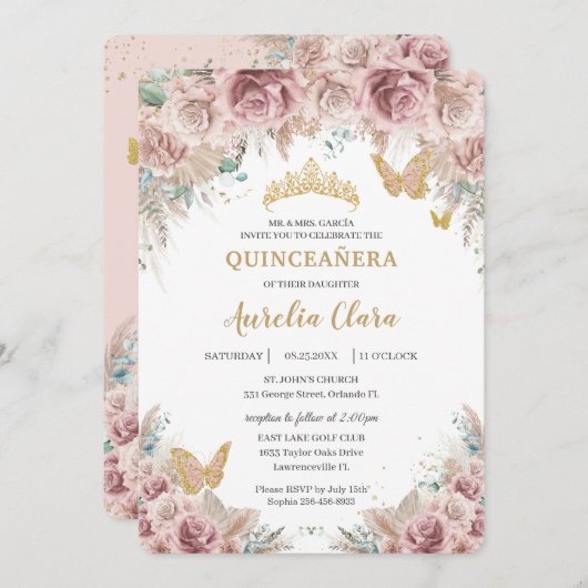 Boho Blush Dusty Roos Floral Pampas Quinceañera Kaart (Voorkant / Achterkant)
