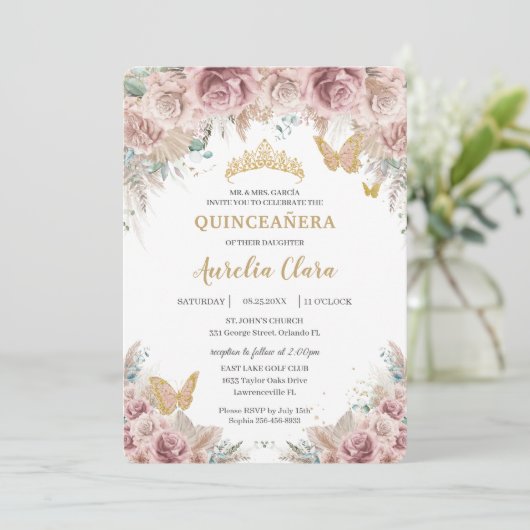 Boho Blush Dusty Roos Floral Pampas Quinceañera Kaart (Staand voorkant)