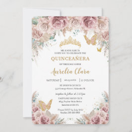 Boho Blush Dusty Roos Floral Pampas Quinceañera Kaart