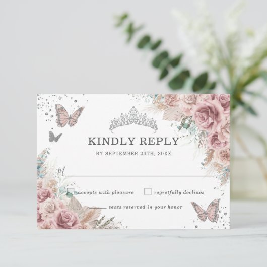 Boho Blush Dusty Roos Floral Pampas Quinceañera RSVP Kaartje (Staand voorkant)