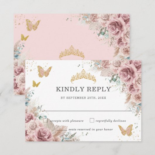 Boho Blush Dusty Roos Floral Pampas Quinceanera RSVP Kaartje (Voorkant / Achterkant)