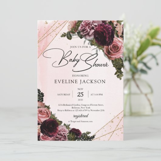 Boho Blush en Bourgogne lijst met floreel goud Kaart (Staand voorkant)