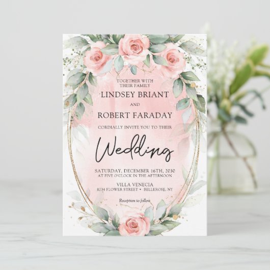 Boho blush en greenery and faux gold oval kaart (Staand voorkant)