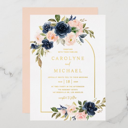 Boho Blush en Navy Blue Bloemboog Trouwfeest Folie Uitnodiging (Voorkant / Achterkant)