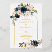 Boho Blush en Navy Blue Floral Wedding Folie Uitnodiging (Voorkant)