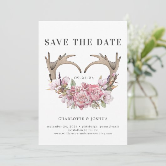 Boho Blush Floral Antlers Foto opslaan Datum Save The Date (Staand voorkant)