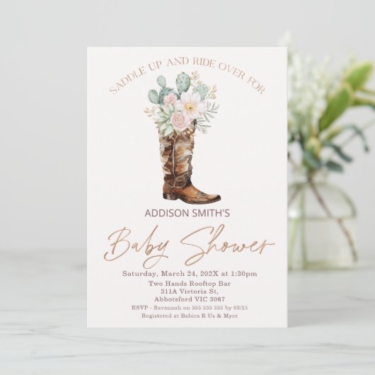 Boho Blush Floral Cacti Boot Baby shower Kaart (Staand voorkant)