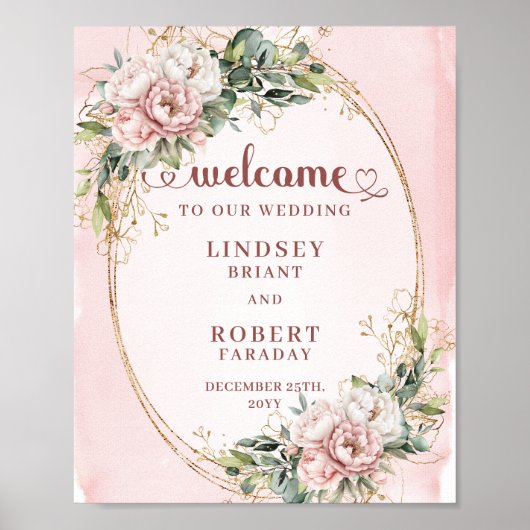 Boho Blush Floral Eucalyptus Gold Wedding Welcome Poster (Voorkant)