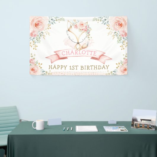 Boho Blush Floral Fox Girl Birthday Welkom Spandoek (Beurs)
