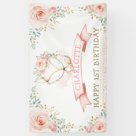 Boho Blush Floral Fox Girl Birthday Welkom Spandoek (Verticaal)