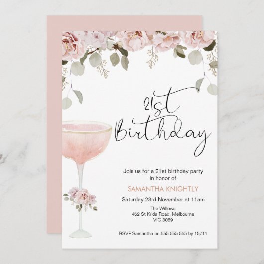 Boho Blush Floral Glass 21e verjaardag Uitnodiging (Voorkant / Achterkant)