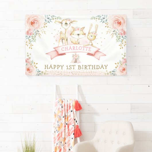 Boho Blush Floral Gold Woodland Birthday Welkom Spandoek (Insitu)