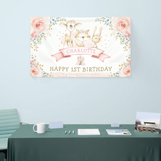 Boho Blush Floral Gold Woodland Birthday Welkom Spandoek (Beurs)