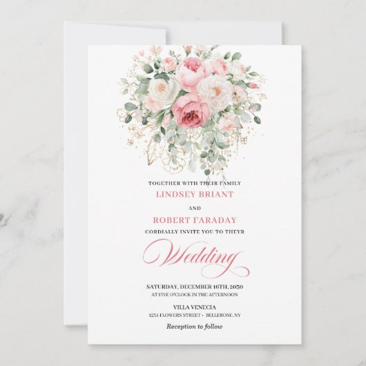 Boho Blush Floral Greenery Wedding Invitation Kaart (Voorkant)