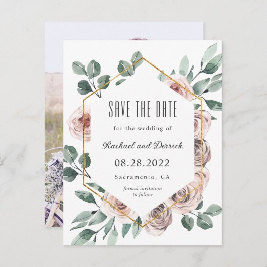 Boho Blush Floral met Foto Save the Date (Voorkant / Achterkant)