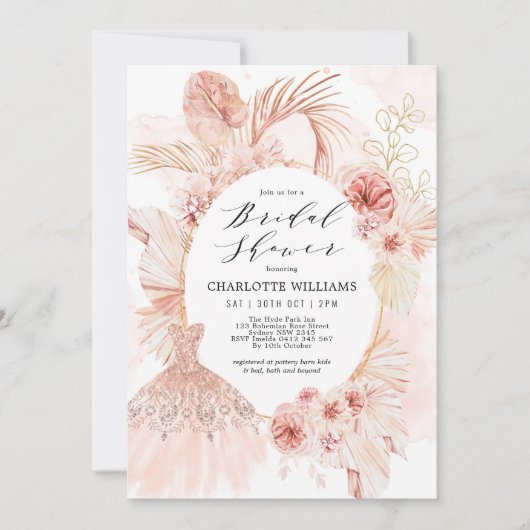 Boho Blush Floral Pampas Grass Vrijgezellenfeest Kaart (Voorkant)