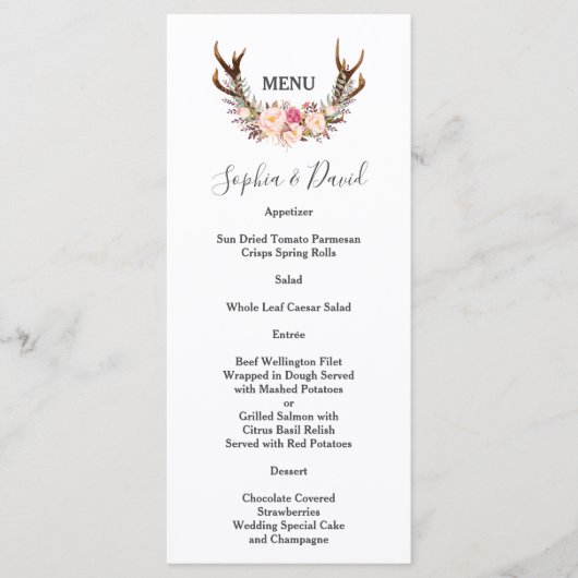 Boho Blush Flowers Antlers Weddenschap Menu (Voorkant)