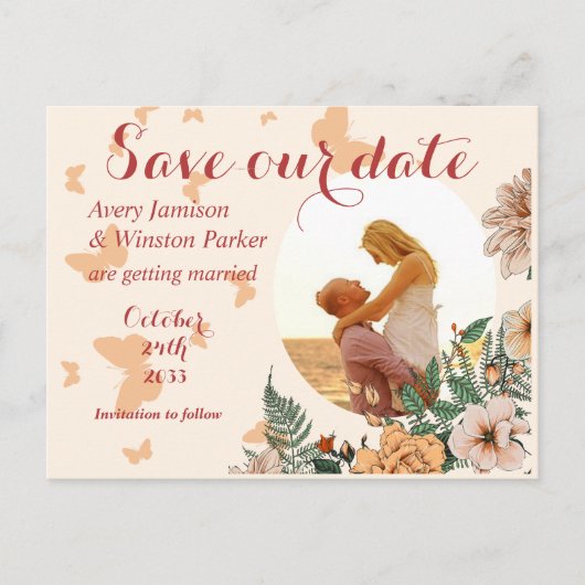 Boho Blush Foto Bloemen Buttery Save the Date Aankondigingskaart (Voorkant)