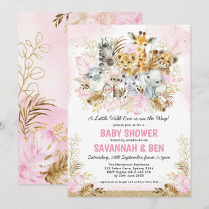 Boho Blush Gold Safari Animals Girl Baby shower Kaart