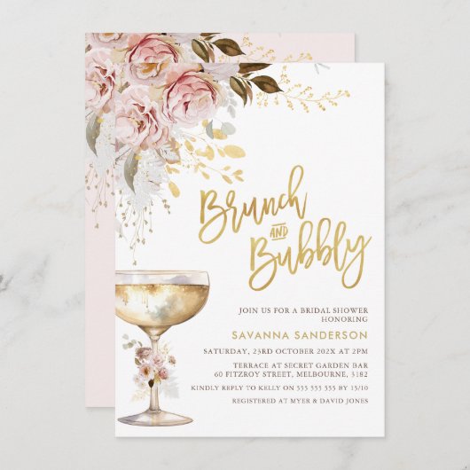 Boho Blush Goud Bloemen Brunch Bubble Vrijgezellen Kaart (Voorkant / Achterkant)