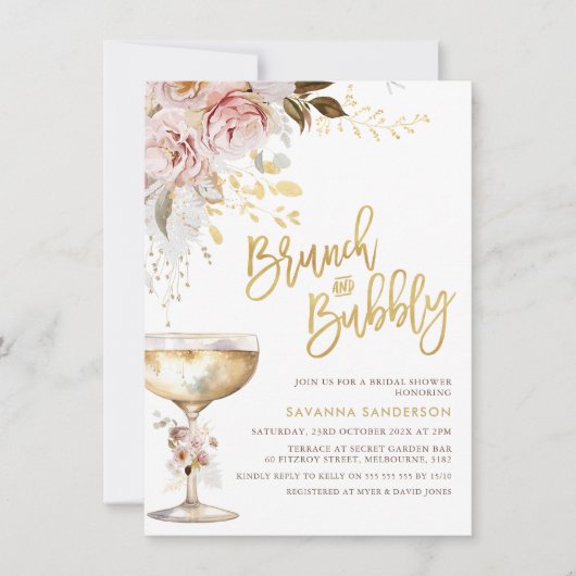 Boho Blush Goud Bloemen Brunch Bubble Vrijgezellen Kaart (Voorkant)