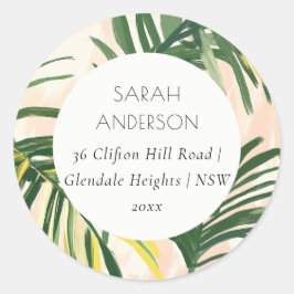 Boho Blush Green Tropical Palm Beach Adres Ronde Sticker