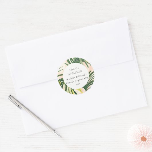 Boho Blush Green Tropical Palm Beach Adres Ronde Sticker (Envelop)