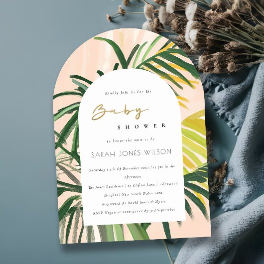 Boho Blush Green Tropical Palm Beach Baby shower Kaart