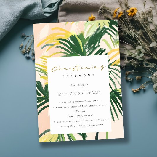 Boho Blush Green Tropical Palm Beach Christening Kaart