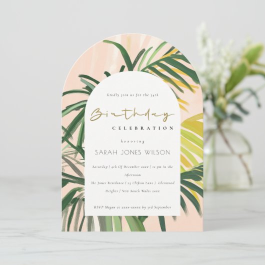 Boho Blush Green Tropical Palm Beach Verjaardag Kaart (Staand voorkant)